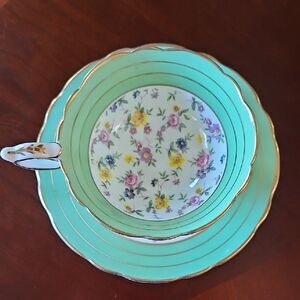 Royal Stafford Harlequin Chintz Floral Tea Cup & Saucer Mint Green and Gold